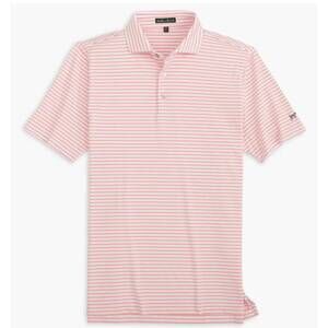NEW SOUTHERN POINT CO. men's horizon stripe polo shirt in flamingo/white
